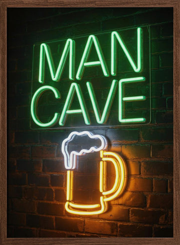 Man Cave Beer Mug Neon | Poster - Walnut Frame Interior