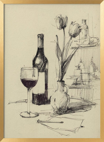 Wine and Tulips Sketch | Poster - Gold Frame Interior