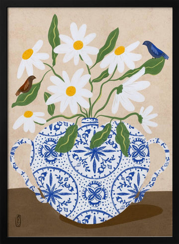 Daisies In Blue Teapot | Poster - Black Metal Frame Interior