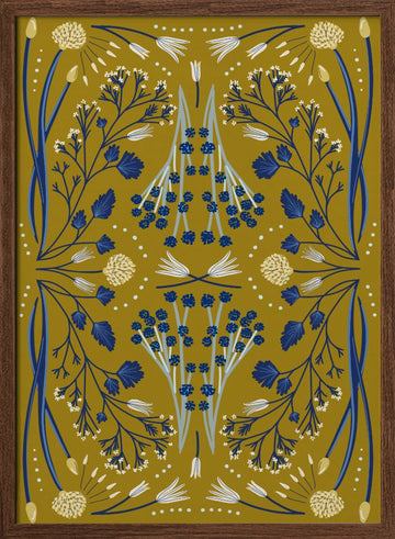 Folk Mirrored - Blue and Olive | Poster - Walnut Frame Interior