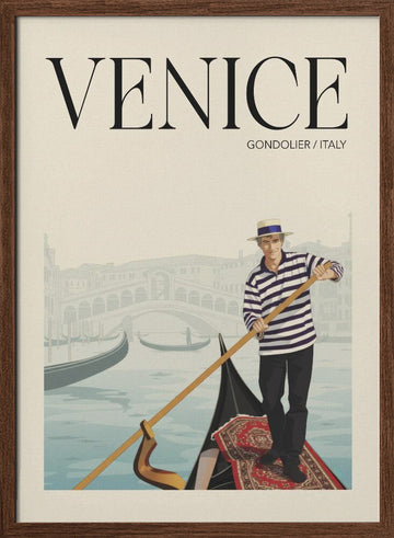 Venice Gondolier Scene | Poster - Walnut Frame Interior