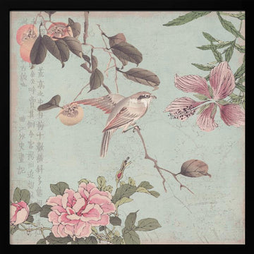 Asian Bird and Peonies | Poster - Black Metal Frame Interior