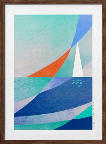 Geometric Ocean Sailboat | Poster - Walnut Frame Interior