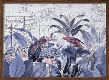 Pink Parrots Tropical Map | Poster - Walnut Frame Interior