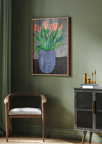 Vibrant Tulips In Blue Vase | Poster - Room Interior 2