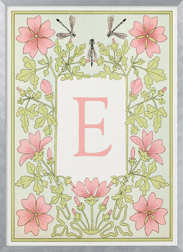 Pink Floral Letter E | Poster - Silver Frame Interior