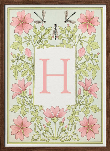 Elegant Floral Letter H | Poster - Walnut Frame Interior