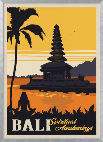 Bali Temple Sunset Meditation | Poster - Silver Frame Interior