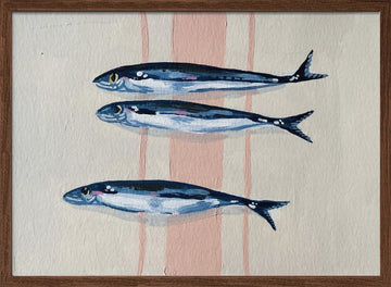 Three Blue Sardines | Poster - Walnut Frame Interior