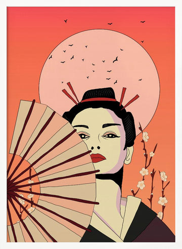 Japanese Geisha with Fan | Poster - White Frame Interior