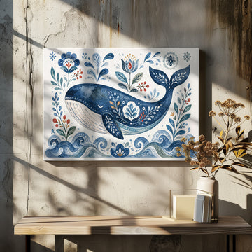 Folk Art Blue Whale | Canvas - Room Interior 2