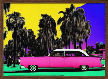 Pink Retro Palm Scene | Poster - Walnut Frame Interior
