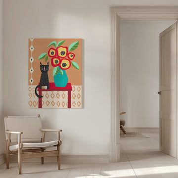 Whimsical Cat Floral Still Life | Canvas - Room Interior 1