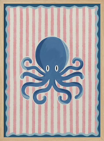 Playful Blue Octopus | Poster - Wood Frame Interior