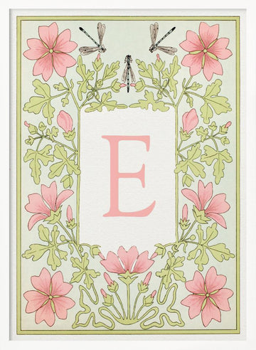 Pink Floral Letter E | Poster - White Frame Interior