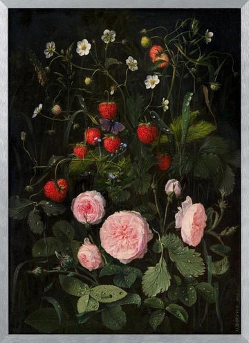 Still Life With Roses and Strawberries | Poster - Silver Frame Interior