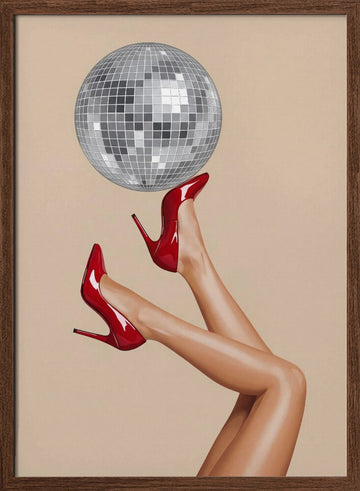 Red Heels Disco Ball | Poster - Walnut Frame Interior