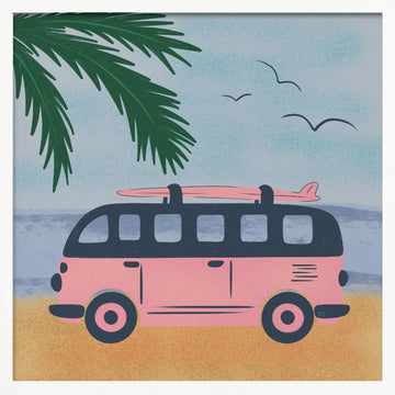 Pink Beach Camper | Poster - White Frame Interior