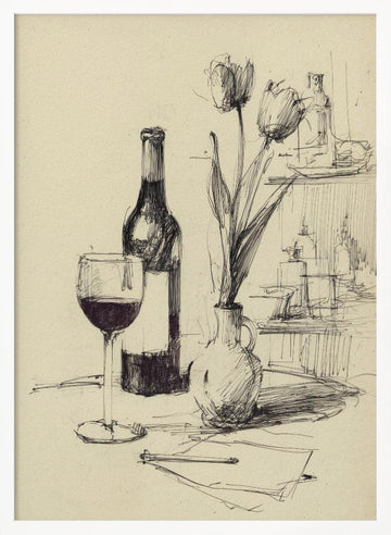 Wine and Tulips Sketch | Poster - White Frame Interior