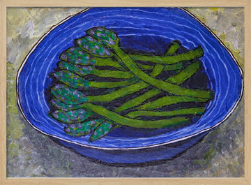 Green Asparagus In Blue Bowl | Poster - Wood Frame Interior