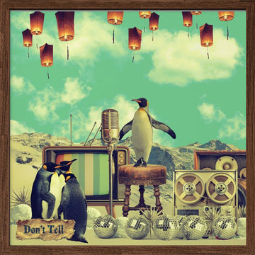 Retro Penguin Party | Poster - Walnut Frame Interior