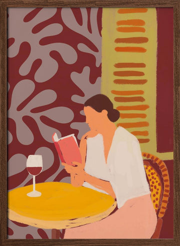 Leisurely Cafe Reading | Poster - Walnut Frame Interior