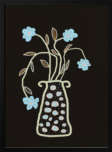 Blue Flowers In Decorative Vase | Poster - Black Metal Frame Interior