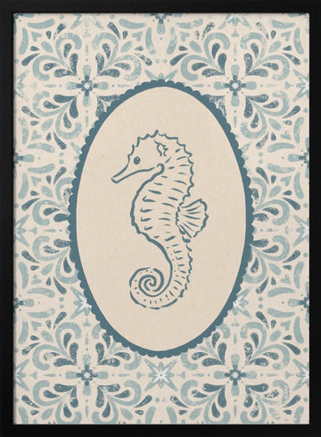 Coastal Seahorse Medallion | Poster - Black Metal Frame Interior
