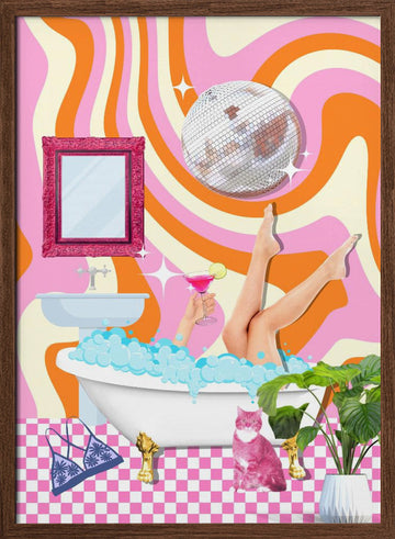 Groovy Bathtub Bliss | Poster - Walnut Frame Interior