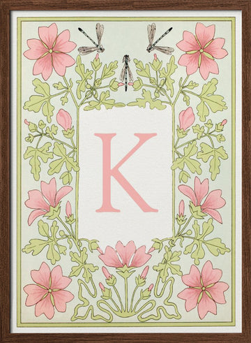 Floral K and Dragonflies | Poster - Walnut Frame Interior