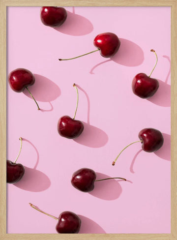 Red Cherries Pink Pop | Poster - Wood Frame Interior