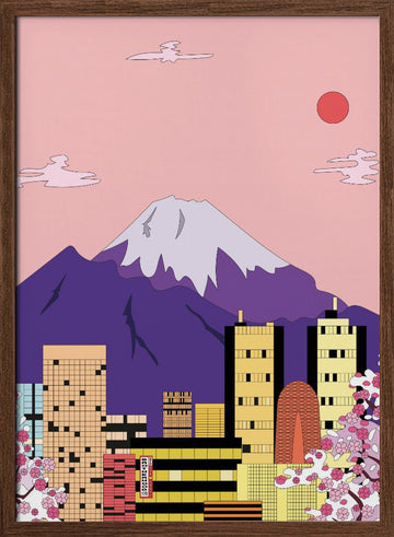 Mount Fuji City Sakura | Poster - Walnut Frame Interior