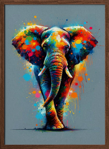 Vibrant Splatter Elephant | Poster - Walnut Frame Interior