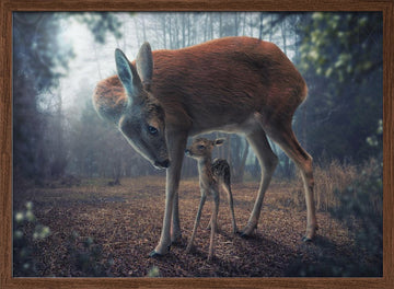Mother Deer and Fawn | Poster - Walnut Frame Interior
