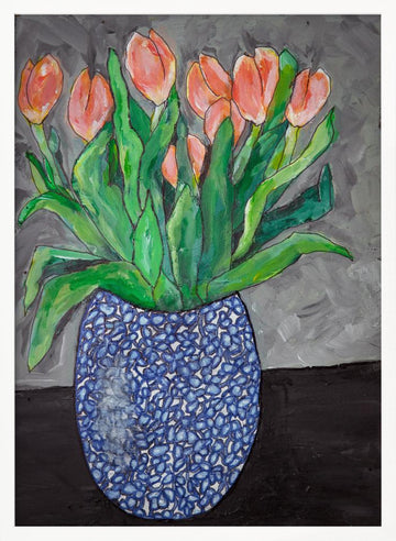 Vibrant Tulips In Blue Vase | Poster - White Frame Interior