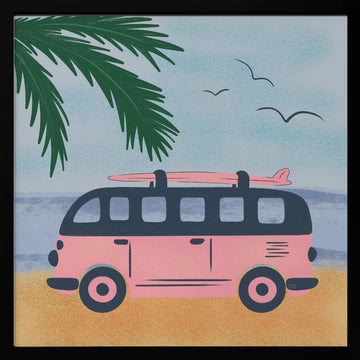Pink Beach Camper | Poster - Black Metal Frame Interior