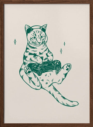 Gamer Cat Chill | Poster - Walnut Frame Interior