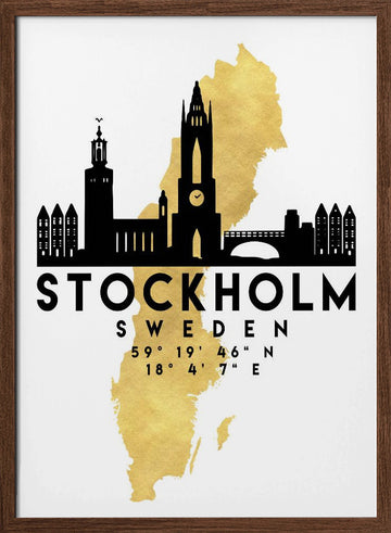 Stockholm Gold Map Skyline | Poster - Walnut Frame Interior