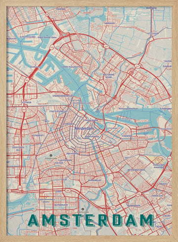 Stylized Amsterdam Map | Poster - Wood Frame Interior