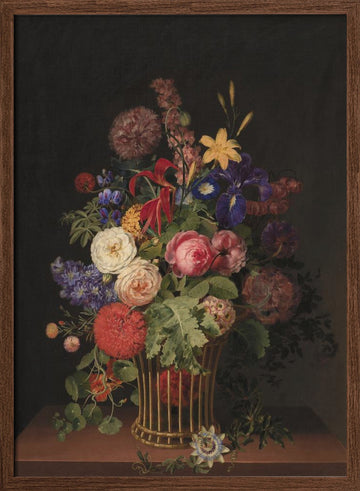 A Light Cane Basket With Flowers By C. D. Fritzsch | Poster - Walnut Frame Interior