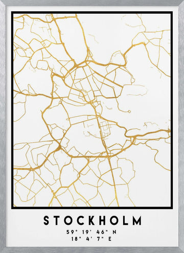 Golden Stockholm Map | Poster - Silver Frame Interior