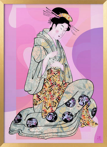 Elegant Geisha Kneeling | Poster - Gold Frame Interior