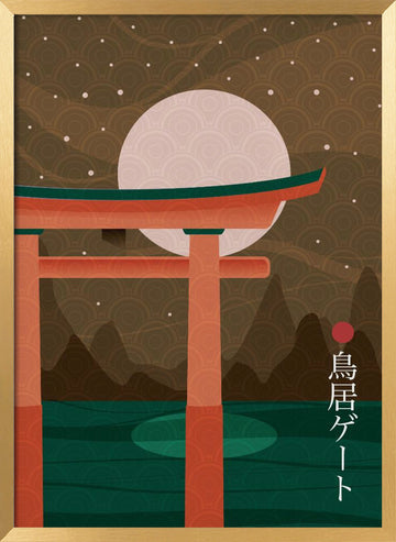 Moonlit Torii Gate | Poster - Gold Frame Interior
