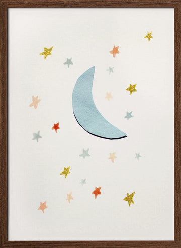 Soft Moon and Stars | Poster - Walnut Frame Interior
