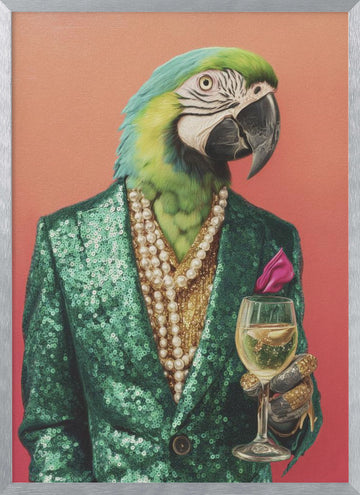 Dapper Parrot with Wine | Poster - Silver Frame Interior