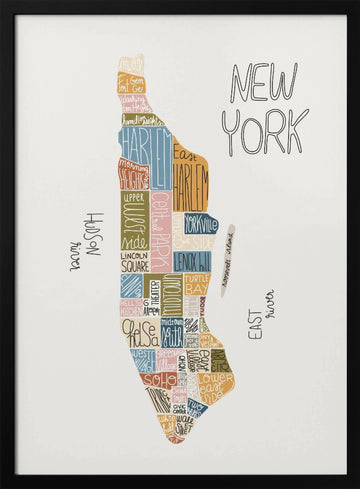 Colorful Manhattan Neighborhoods Map | Poster - Black Metal Frame Interior