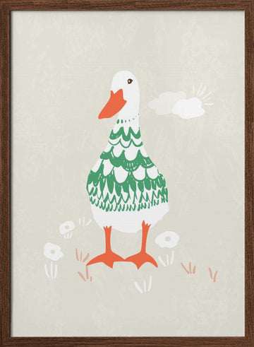 Whimsical Green Duck | Poster - Walnut Frame Interior