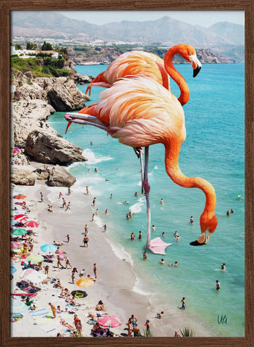 Surreal Beach Flamingos | Poster - Walnut Frame Interior