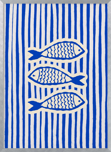 Three Blue Fish | Poster - Silver Frame Interior