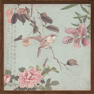 Asian Bird and Peonies | Poster - Walnut Frame Interior